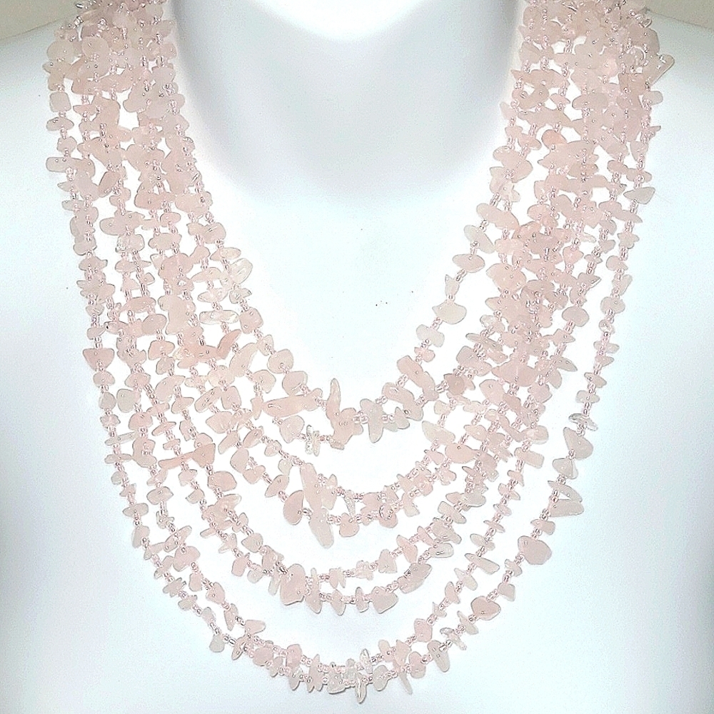 16" Bib Necklace Multiple strand Rose Quartz pink blush Toggle Clasp Bew